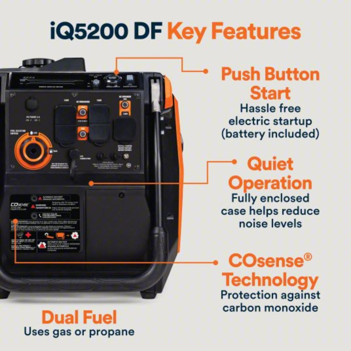 Generac Generator | 3900W/5200W Dual Fuel Gas Propane Inverter COSense Electric Start RFB | IQ5200DF