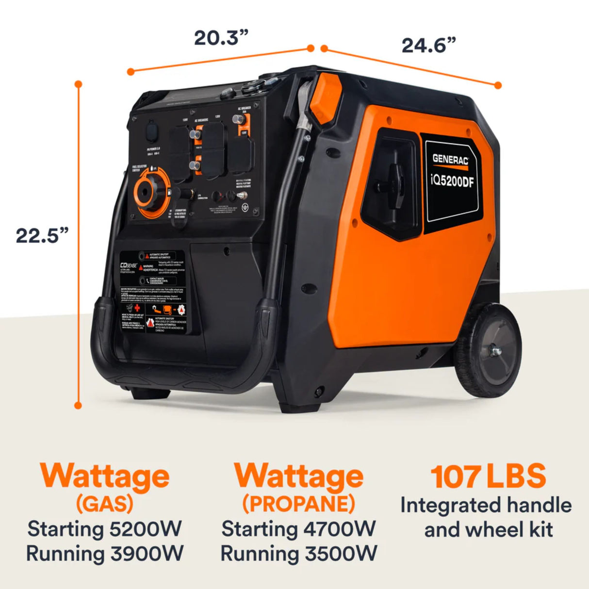 Generac Generator | 3900W/5200W Dual Fuel Gas Propane Inverter COSense Electric Start RFB | IQ5200DF